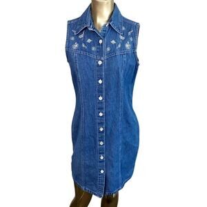 VTG True Blue Embroidered Denim Dress Womens 11/12 Sleeveless Button Front Y2K
